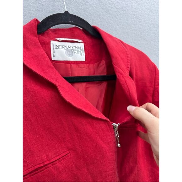 Vintage International Scene Womens Red Linen Zip Front Blazer Jacket Size 12 - Picture 6 of 9